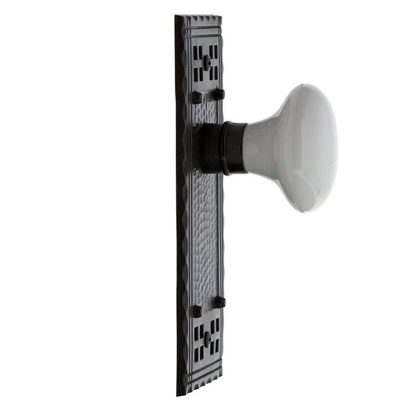 Craftsman Plate with White Porcelain Door Knob, Timeless Bronze, 2.375"