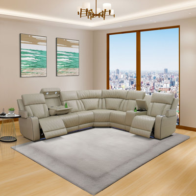 3-Piece Vegan Leather Home Theater Power Reclining Living Room Sectional Sofa Set With Wireless Chargers And LED Lights by Latitude Run