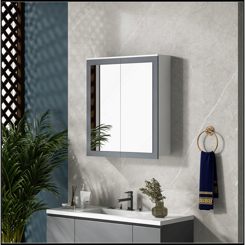 Armoire à pharmacie de salle de bain avec miroir, armoire à miroir murale de salle de bain 27 po x 30 po, armoire de salle de bain murale avec rangement, portes doubles et 2 tablettes réglables, blanc