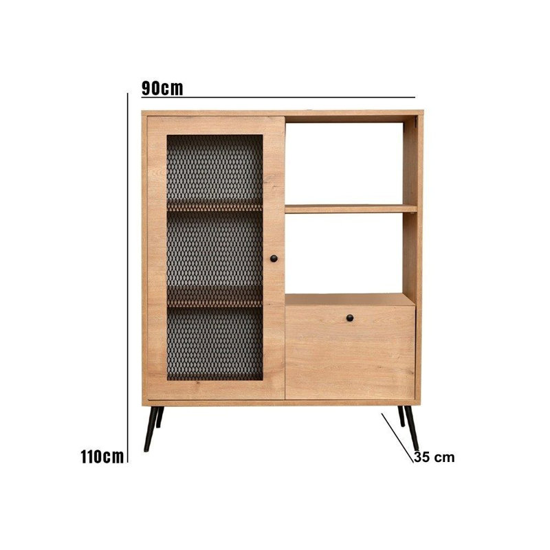 Versatile Multi-Purpose Cabinet, Oak & Black, 35.4 x 43.3 x 13.8 inches | 100% Melamine Coated Particle Board, MDF & Metal Wire Doors, Sturdy Metal Legs (15.0 cm Height) | Ideal for Home Office & Storage Solutions