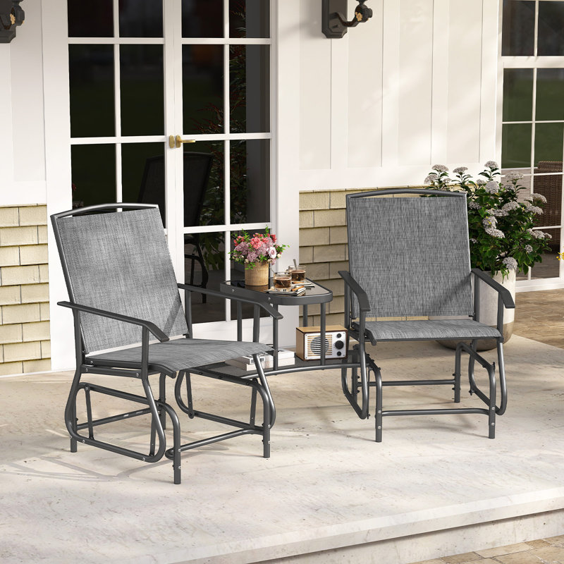 2-Seater Outdoor Glider Bench with 2-Tier Center Table, Breathable Mesh Fabric Seat Gray