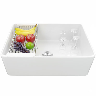 White Fireclay 33 in. Single Bowl Apron-Front Kitchen Sink with Basket Strainer