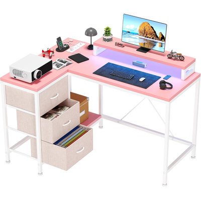 Bureau en L avec prises de courant et lumières DEL, bureau d'ordinateur avec tiroirs et tablettes, bureau de coin, bureau de jeu, bureau à domicile, chêne