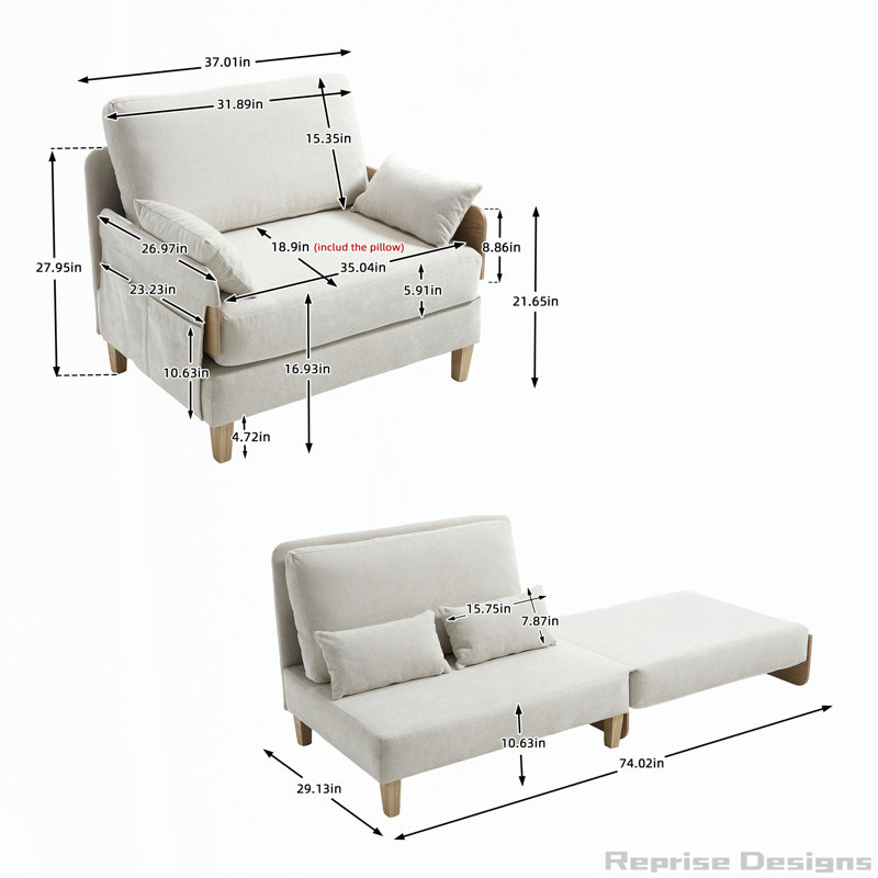 Canapé inclinable convertible 3-en-1 avec coussins, Beige