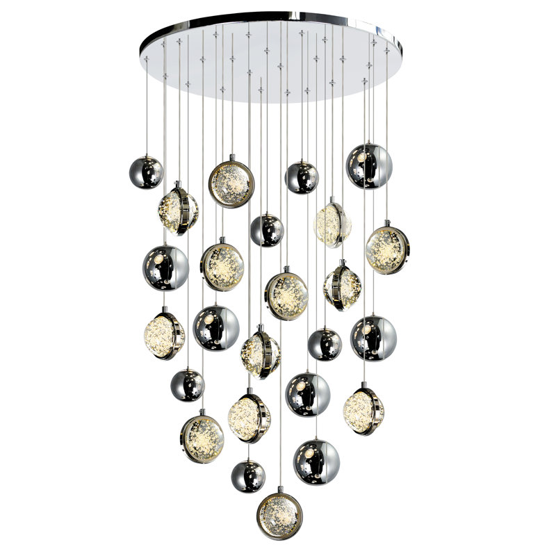 Lustre en nickel poli de 24 pouces avec abat-jour intégrés en verre bullé et à DEL - Idéal pour la salle à manger, la cuisine ou le vestibule