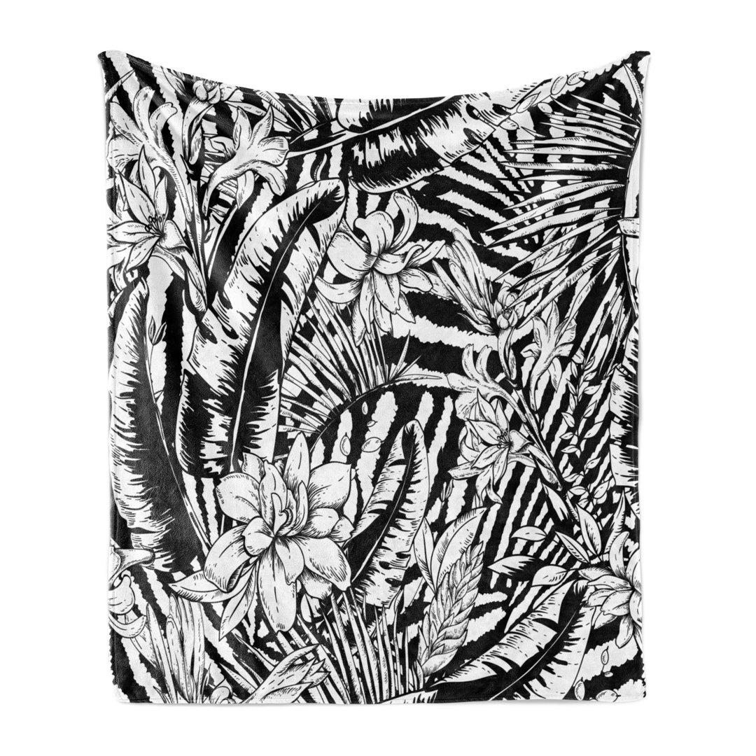 Kuscheldecke Tropical Monochrome Kunstgrafik mit Dschungelblumen und Blättern