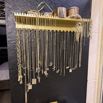 Porte-collier mural, organisateur de bijoux en métal avec plateau de rangement et 56 crochets, or