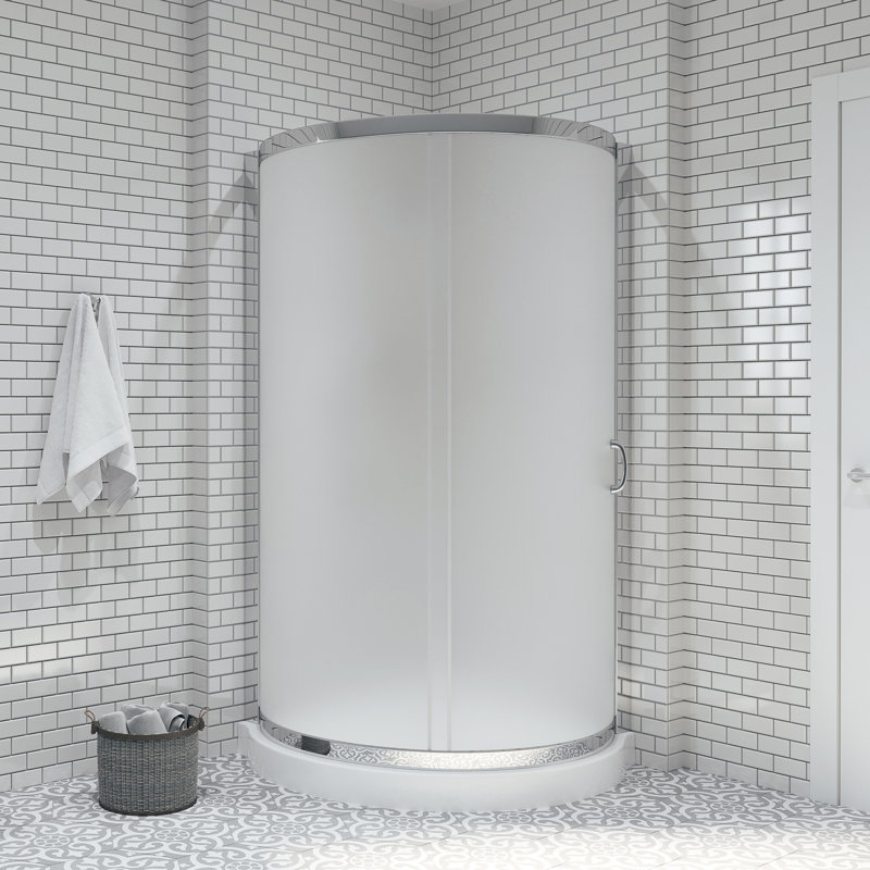 Breeze 40 in. L x 40 in. W x 77 in. H Round Corner Shower Kit in Chrome with Frosted Glass Sliding Door and Shower Base Pan (Walls not Included)