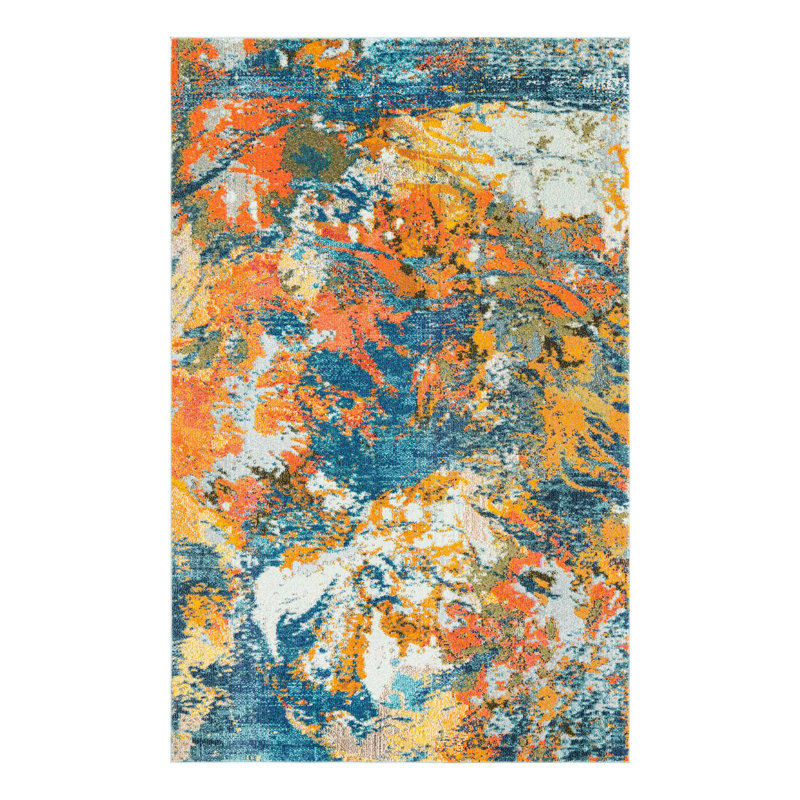 Tapis abstrait orange / bleu Octagon, Rectangle 5 pi 3 po x 8 pi