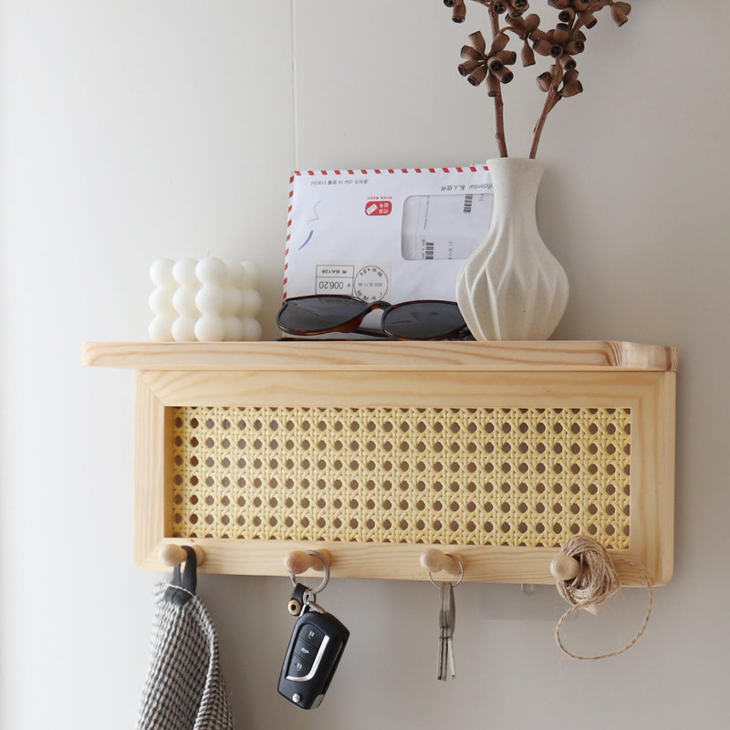 Rattan Key Holder With 4 Key Hooks,Wall Mounted Decorative Floating Shelf For Entryway,Nursery,Mudroom, Hallway, Office