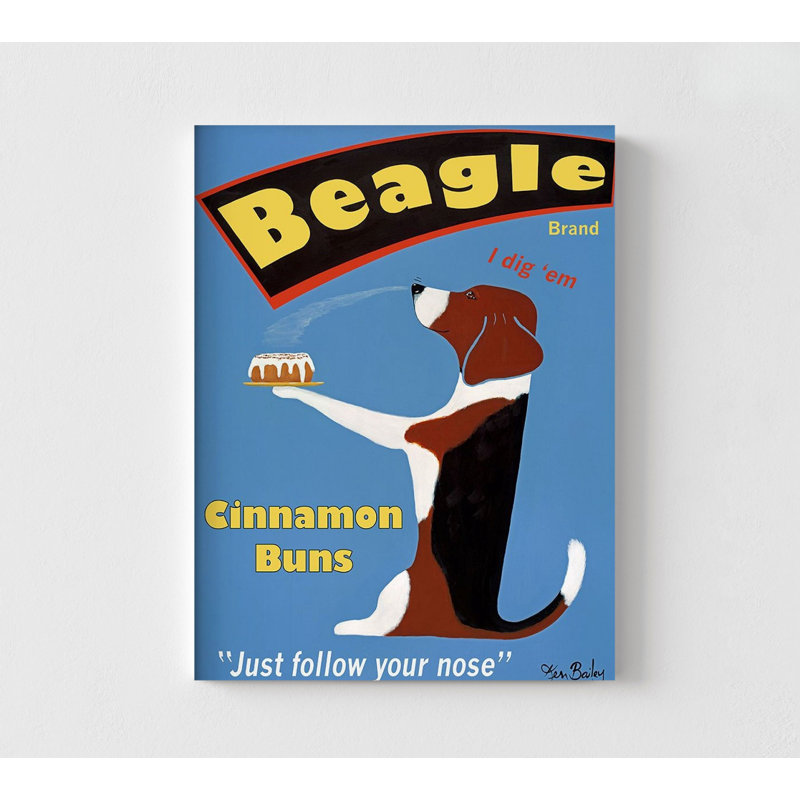 «Beagle Buns» par Ken Bailey, affiche de bureau de propriétaire de boulangerie, art mural de buffet d'hôtel, affiche amusante de Beagle, décor de cuisine maman Beagle