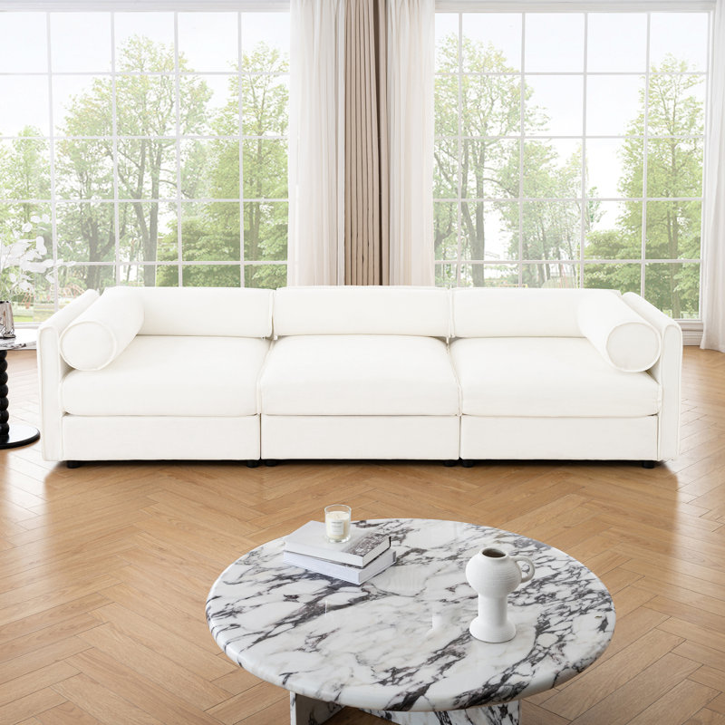 Canapé en chenille 3 places avec rangement, canapé en tissu avec dossier cylindrique et compartiment caché, Chenille blanche