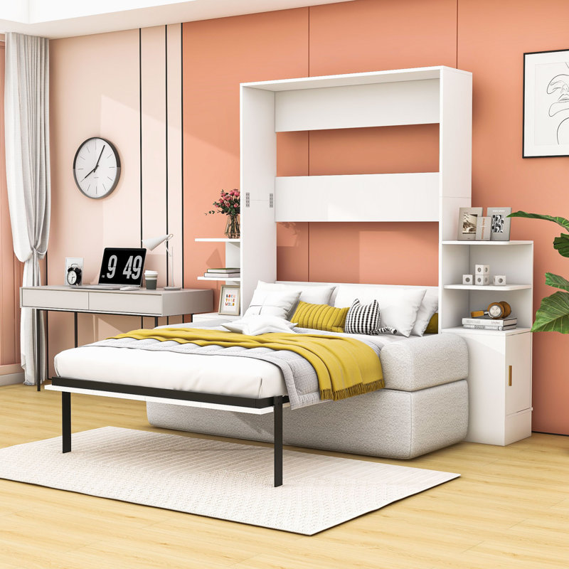 Lit escamotable double avec canapé, armoires de rangement et tablettes, Blanc