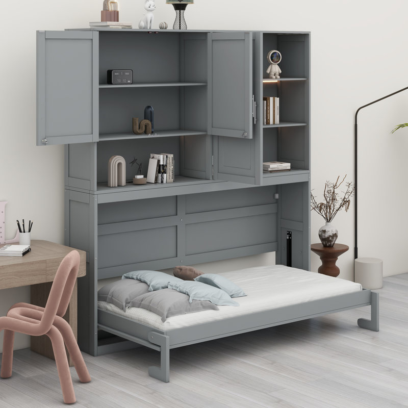 Lit escamotable avec armoire supérieure, tablettes, lit pliable peu encombrant avec éclairage et port USB, Gris