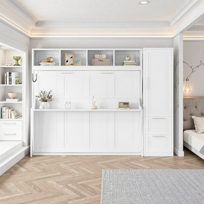 Grand lit escamotable blanc avec placard et tiroirs - Solution de rangement peu encombrante, Blanc