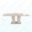 Table de salle à manger rectangulaire extensible, convenant pour 6 à 10 personnes, avec un motif de travertin veiné, dimensions 160 à 200 cm, simple et élégante.