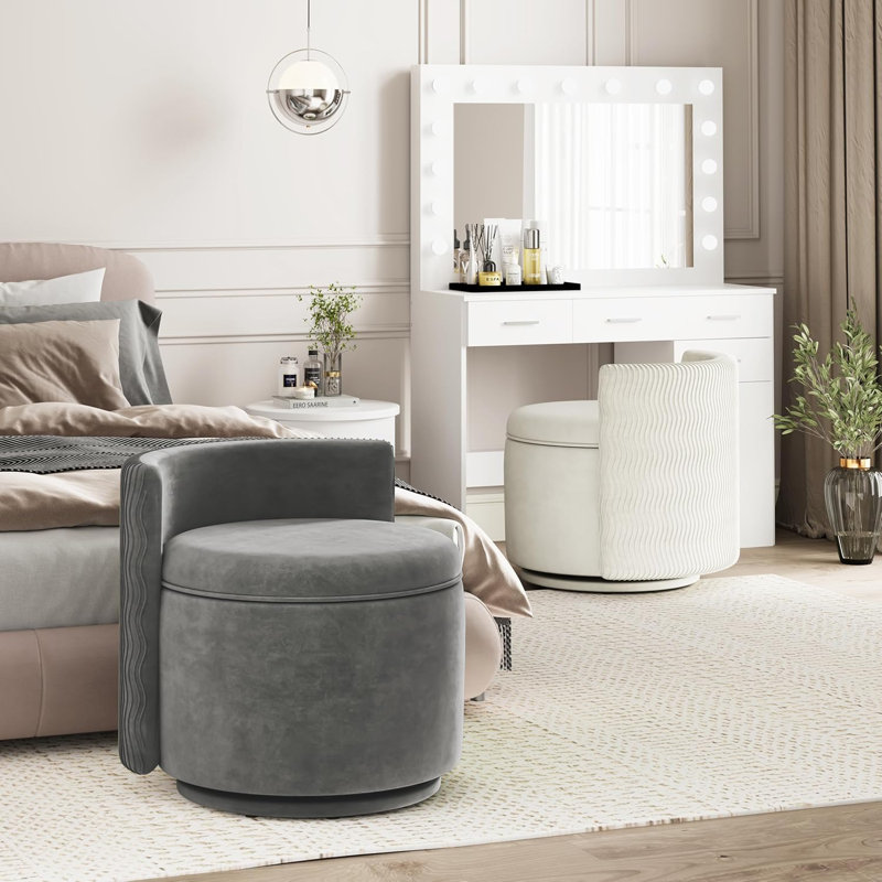 360° Swivel Accent Chair With Storage, Vanity Stool With Back, Velvet Storage Ottoman, Upholstered Round Barrel Vanity Chair For Living Room, Makeup Room, Bedroom