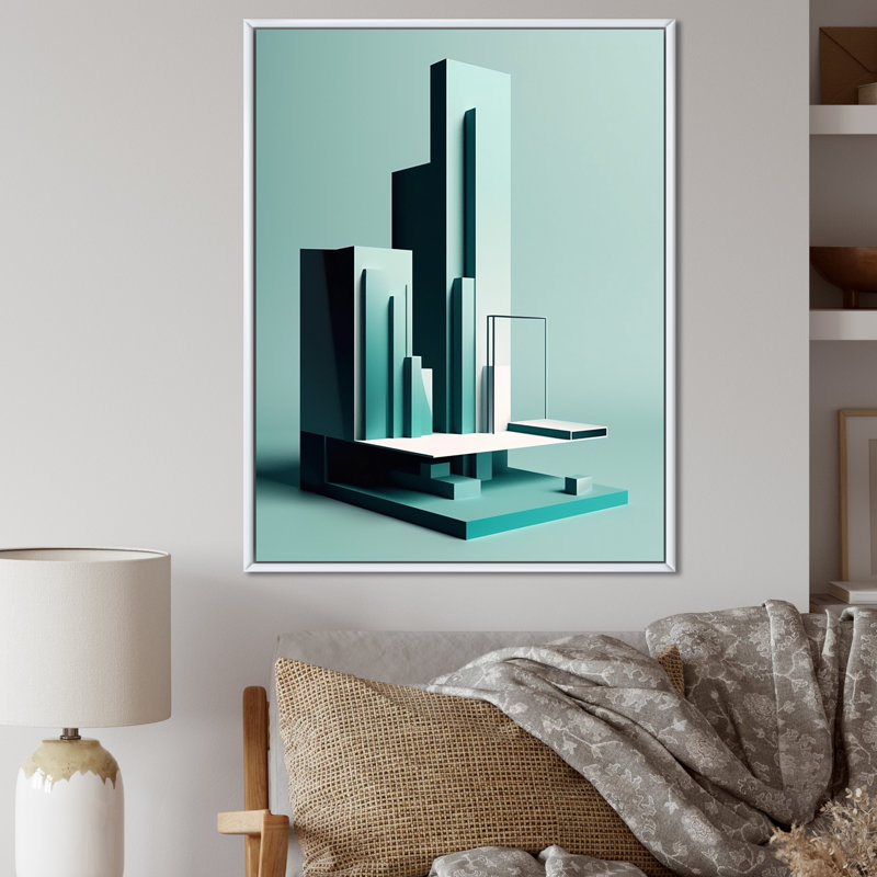 " Abstract Minimal Turquoise Architecture ", 40" H x 30" W x 1.5" D, White Floater Framed