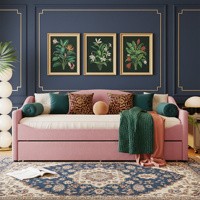 Twin Size Teddy Fleece Daybed With Trundle And Smart LED Lights - Upholstered Sofa Bed - Beige, Twin, Pink