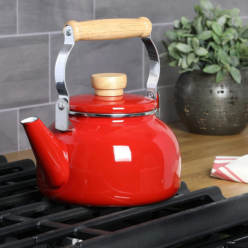 1.5 Quart Tea Kettle With Fold Down Handle in Blue, Red
