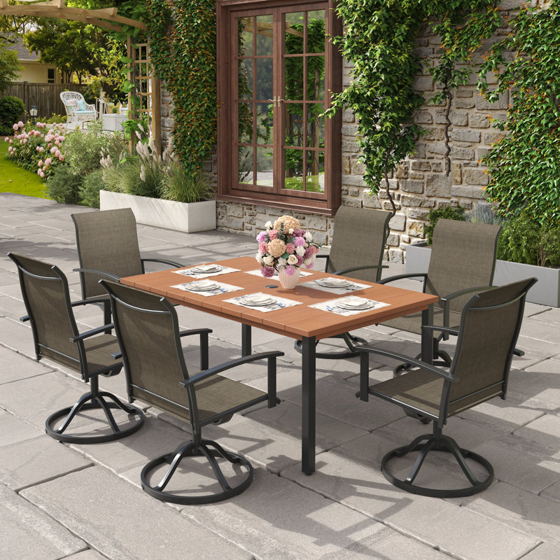 6-Person Outdoor Rectangular Patio Dining Set With Swivel Armchairs, Walnut/Black/Brown