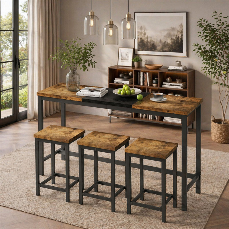 Table de salle à manger de cuisine moderne, table de pub, ensemble de table de salle à manger longue avec 3 tabourets, tabouret suspendu pratique, naturel et noir,
