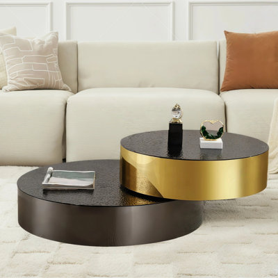 35.4" Modern Rotating Coffee Table, Round Coffee Table Set, Extendable Table Gold & Black Finish With Water Ripple Glass Top