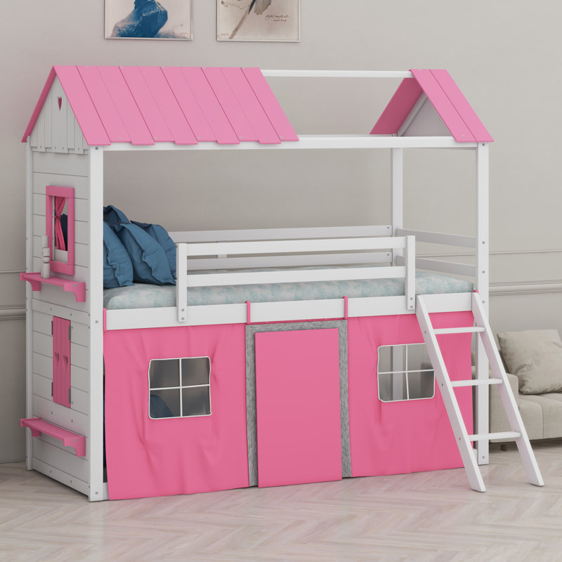 Bunk Wood House Bed With Elegant Windows, Pink/White