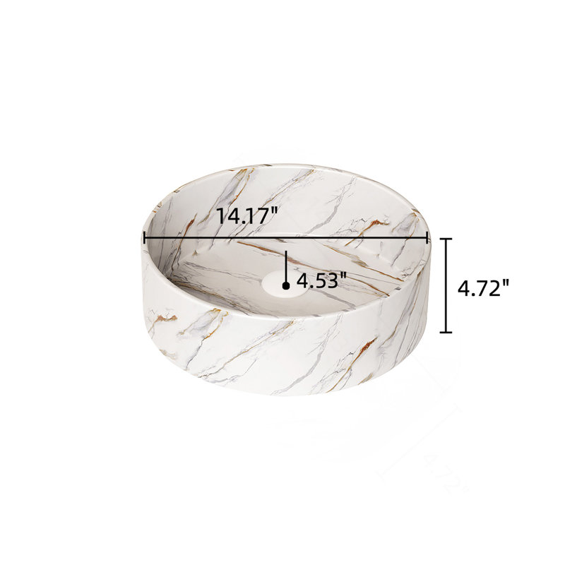 Lavabo de salle de bain rond en céramique 14 "avec motif de pierre, sans robinet, sans armoire, noir mat, Noir