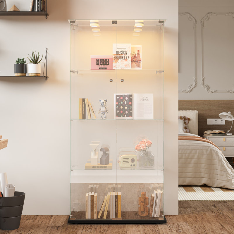 Frihart LED Glass Display Cabinet with Lockable Door, Curio Display Case for Collectibles, Books, Figurines and Home Décor