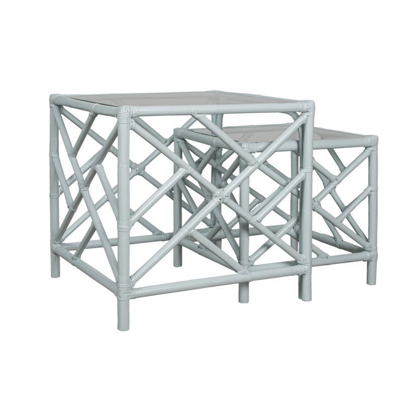 Chippendale Glass Nesting End Table, Light Blue