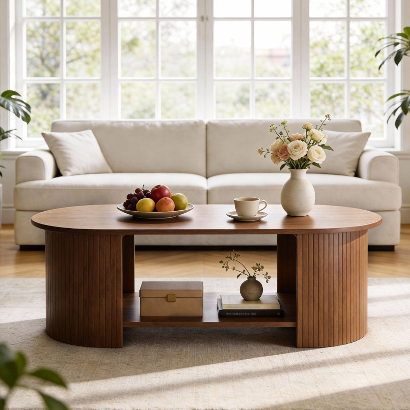 Table basse ovale de 42,51 po avec rangement, table de bout Mid-Century moderne à 2 niveaux pour le salon, Noyer