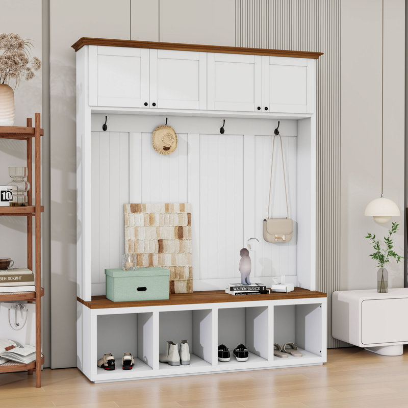 Hall Tree with Bench, Hooks and Storage Cabinets, White