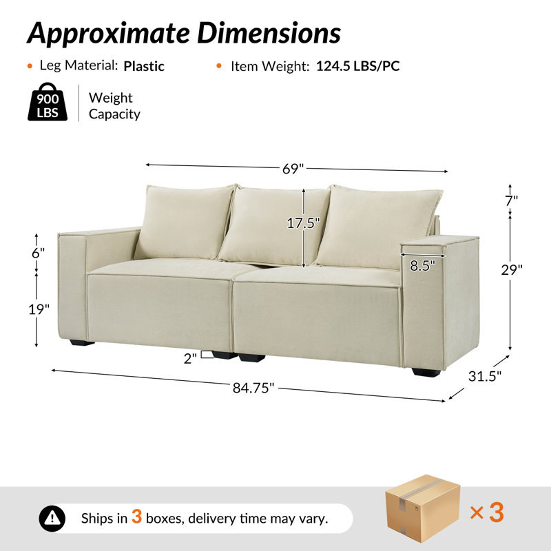 Paavo 84" Modern 3 - Piece Two Upholstery Options and Modular Sofa, Beige