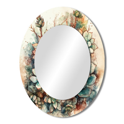 Green Red Cactus Scenery II - Green Garden Oval Wall Mirror