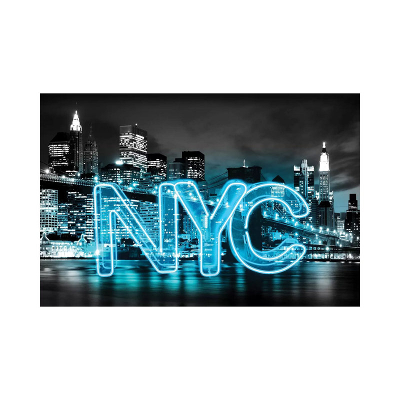 Neon New York City Aqua On Black by Hailey Carr - Wrapped Canvas Print, 101.6 cm H x 66.04 cm W x 1.91 cm D