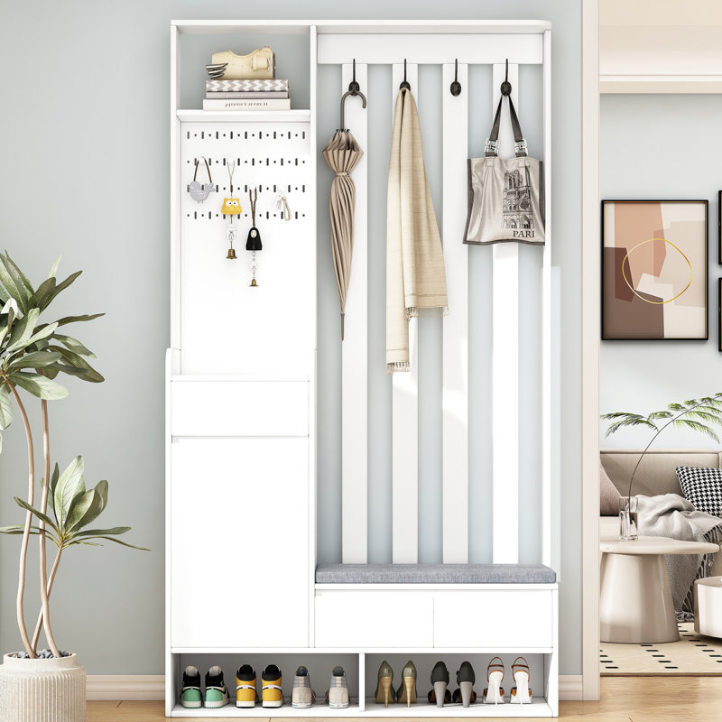 Arbre d'entrée contemporain l 39,3 po x H 70,8 po avec banc de rangement, panneau perforé et crochets pour vestibule, vestibule et espaces de vie modernes