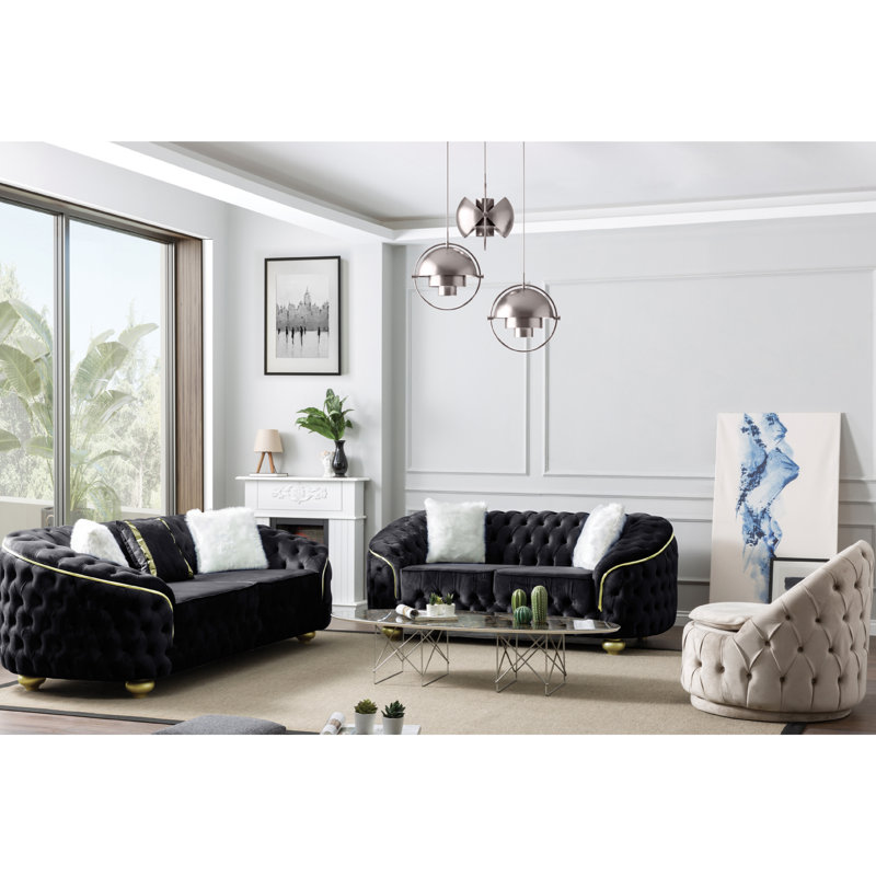 Gonda Velvet Rolled Arm Sofa, 31" H x 84" W x 36" D , Black 