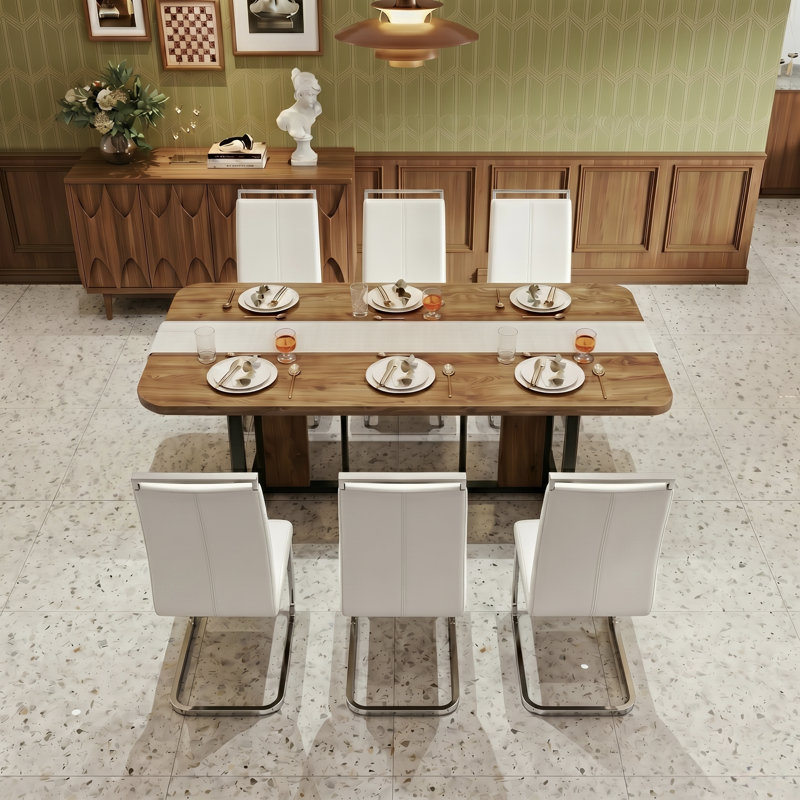 Mid-Century Modern 7-Piece Rectangular Dining Table Set with Upholstered Cantilever Chairs, White