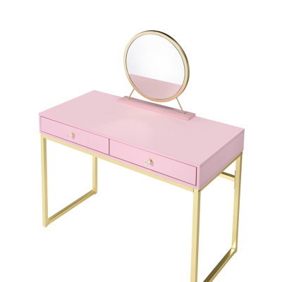 Bureau de coiffeuse rectangulaire rose et or avec poignée en cristal, structure en métal, miroir, plateau à bijoux, 2 tiroirs de rangement, structure coulissante du tiroir central, extension aux 2/3