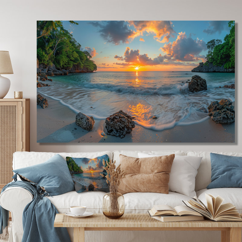 Photo panoramique d'une plage rocheuse au lever du soleil I - art mural plage, Toile tendue, H 40 po x l 60 po x P 1,5 po