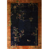 Antique Art Deco Room Size Wool Blue Navy, Coral / Salmon Rug