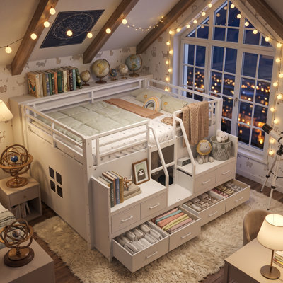 Lit mezzanine Benedict Kids avec rangement multiple, lumières intégrées et escalier sécuritaire pour les pièces peu encombrantes