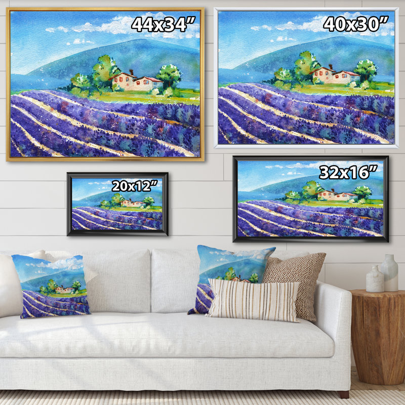 Beautiful Blooming Lavender Fields With House - Painting on Canvas, Gold Framed, 17" H x 33" W x 1" D