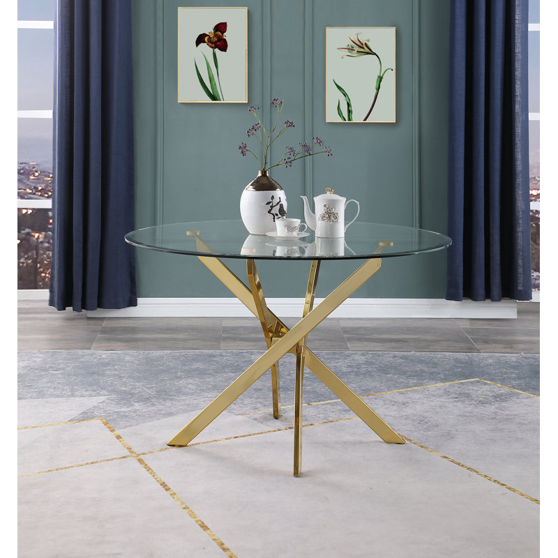 Table de salle à manger ronde en verre transparent Arianda 45 po x 45 po, Doré