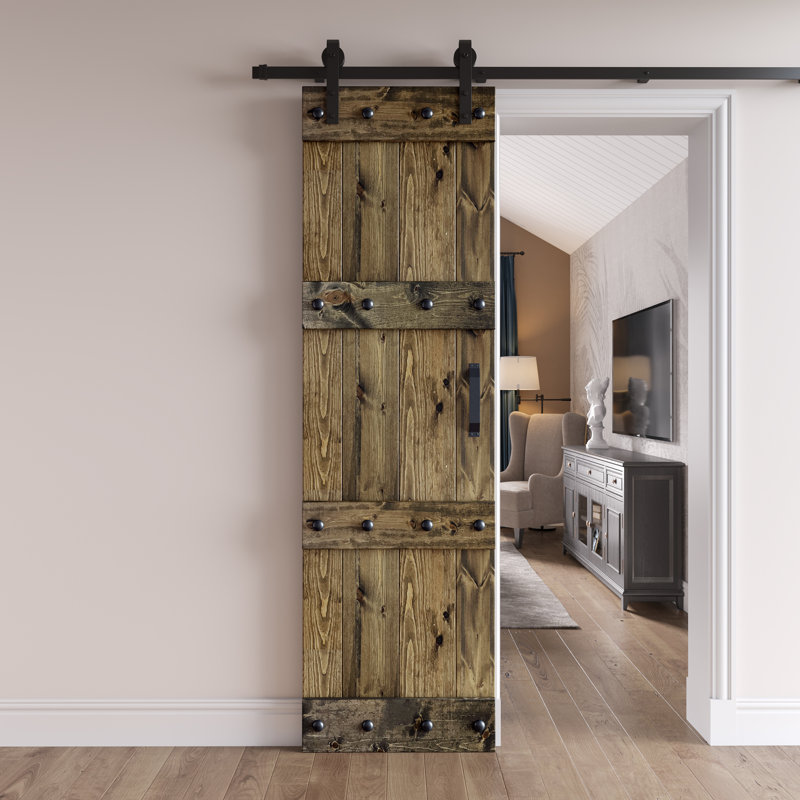 Porte de grange à panneaux en bois avec ensemble de quincaillerie d'installation, 24 po x 84 po, Tonneau vieilli