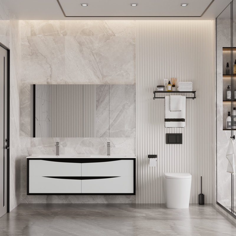 Meuble-lavabo double 60 po avec lavabo Lavaun, Noir / blanc