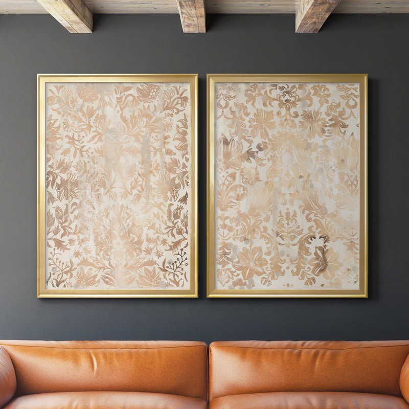 Toile encadrée noyer damassé I de qualité supérieure - prête à être accrochée, Or, H 24,5 po x l 37 po