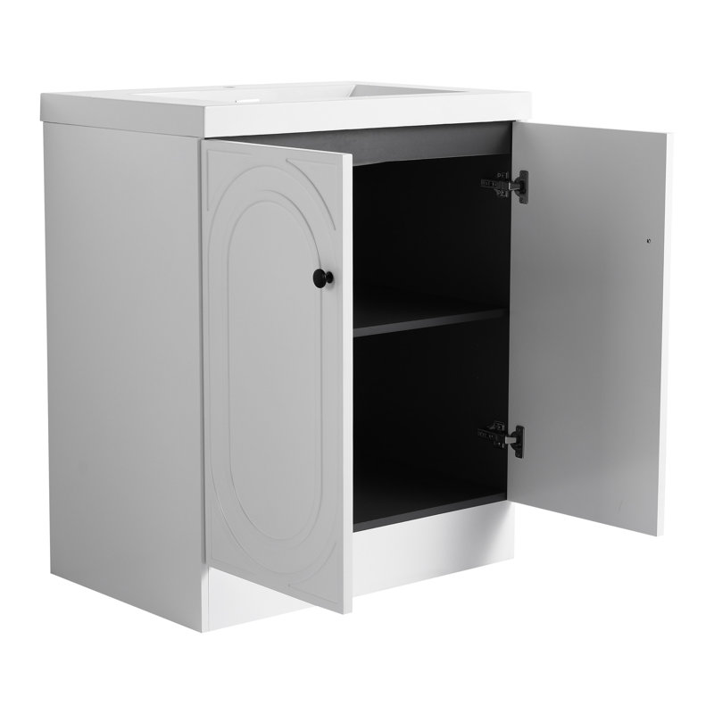Meuble-lavabo blanc en résine 30 po avec charnières à fermeture en douceur - Aspect autoportant et 2 portes d'armoire de style moderne pour le rangement