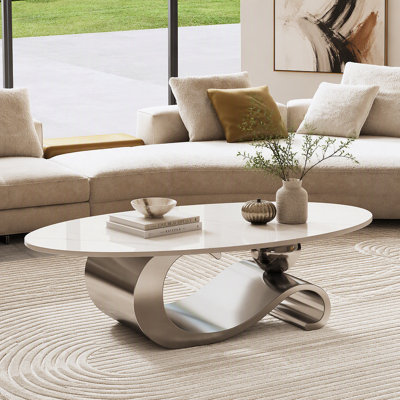 Table basse ovale en faux marbre 49,2 ", base contemporaine en acier inoxydable gris, table de centre moderne pour le salon